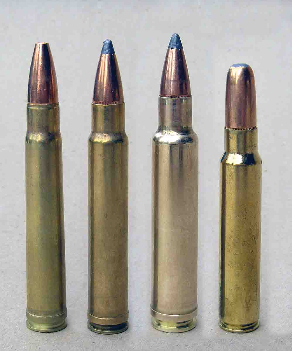 (Left to right): .375 H&H; .375 Weatherby Magnum based on blown-out .375 H&H brass; .378 Weatherby Magnum with increased powder capacity and velocity; .375 Ruger that fits in a .30-06 length action.